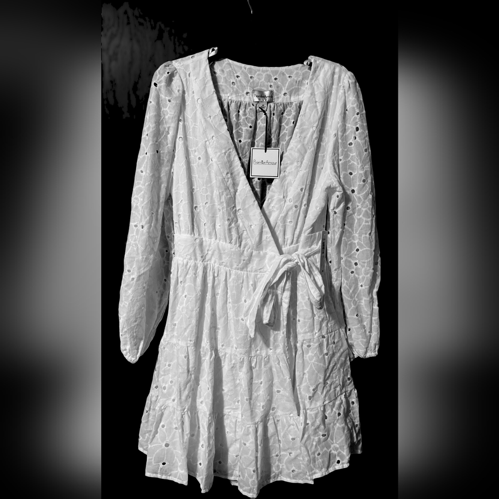 Women's White Eyelet Wrap Long Sleeve Dress